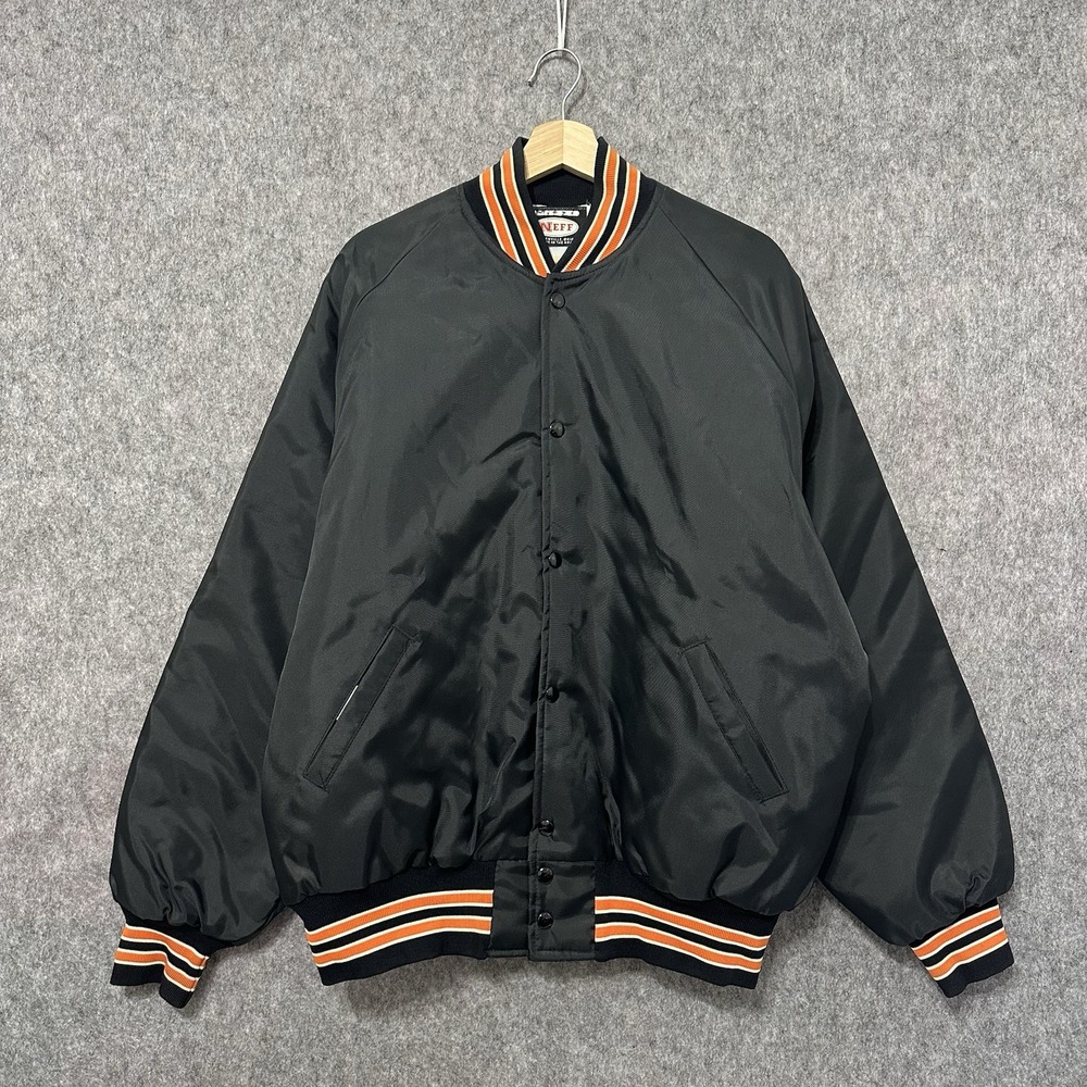 Vintage Neff Varsity Jacket XL‎ Black Orange Striped Trim Made in USA
